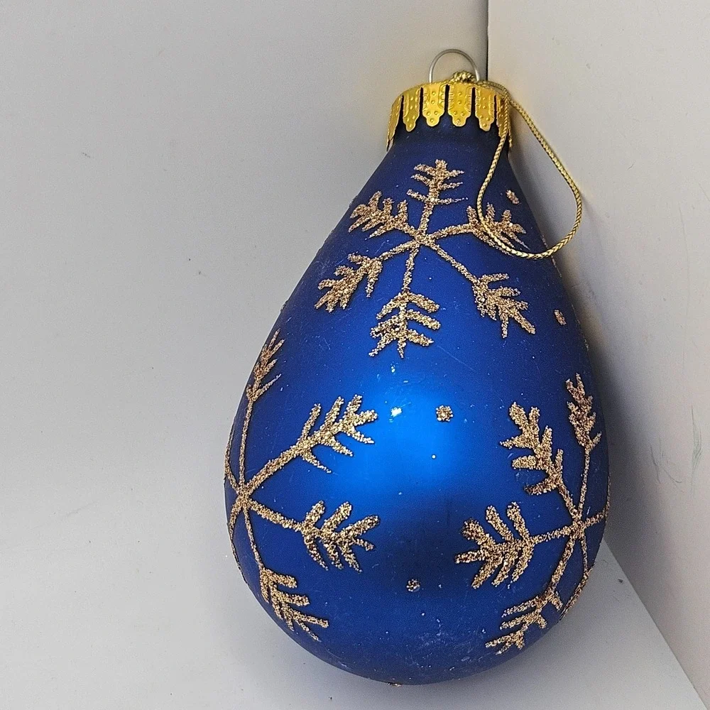 Vintage Blue Glass Teardrop Christmas Ornament Gold Glitter Snowflake Holiday